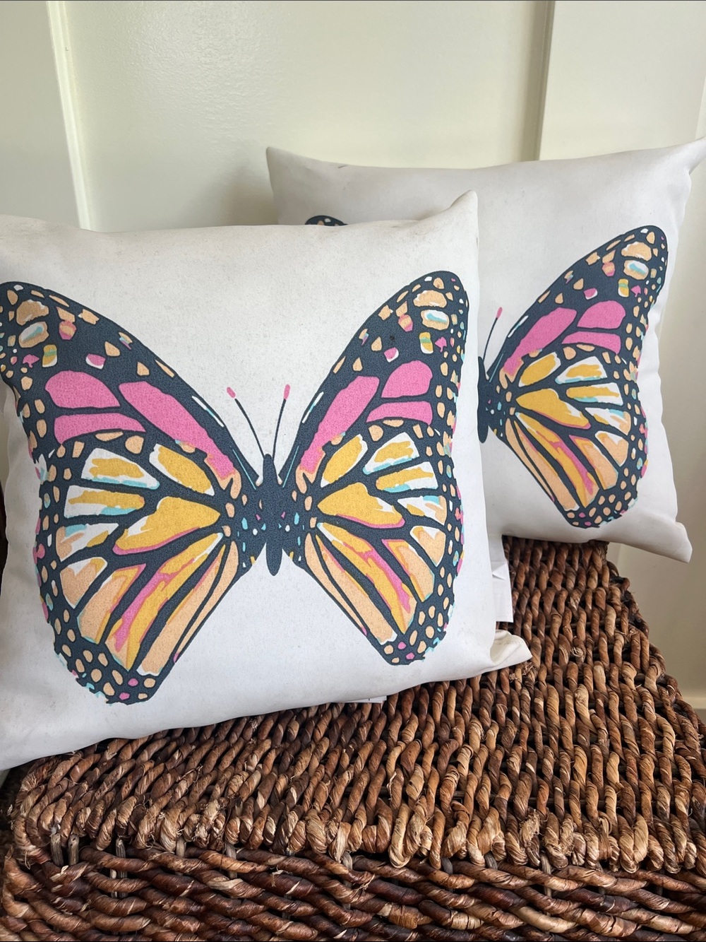 Butterfly Throw Pillow Pair - Pink and Yellow Butterfly Print